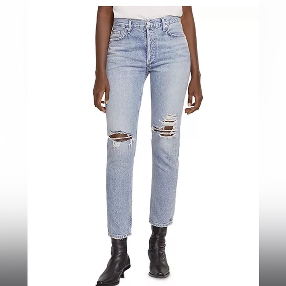 Agolde Light Blue Straight Leg Jeans with Distressing - Picture 1 of 5